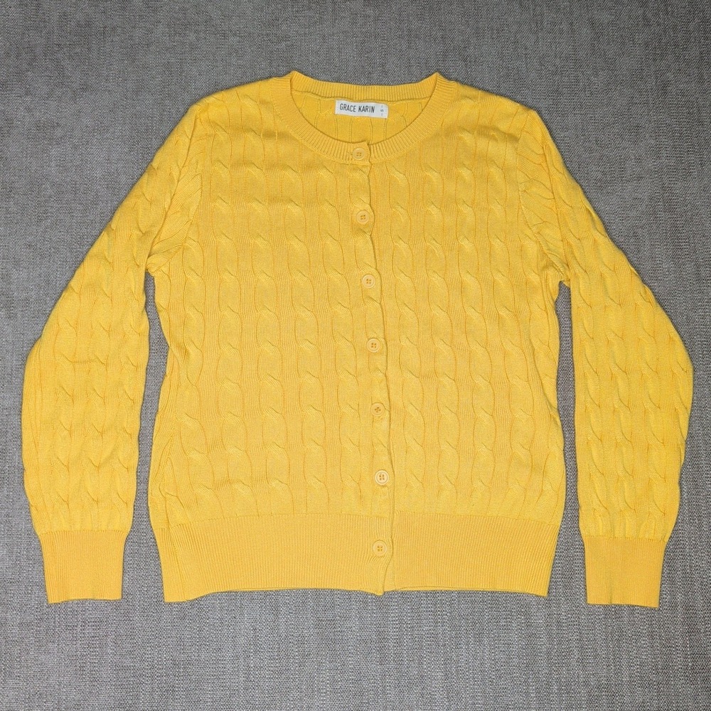 Grace Karin Womens Yellow Cable Knit Button Front Cardigan Sweater Size Small